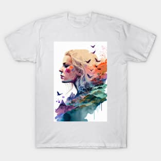 Double Exposure of Woman in Nature T-Shirt